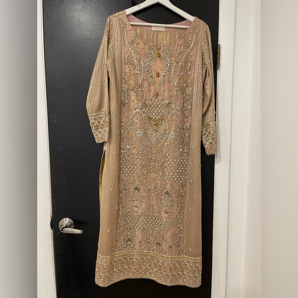 Elegant Embroidered Tan and Pink Dress Pakistani/Indian Shalwar Kameez
